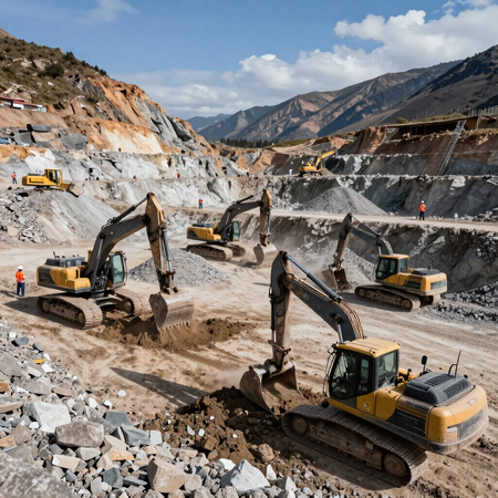 Excavadoras trabajando en una mina a cielo abierto rocosa bajo un cielo azul, con montañas al fondo.