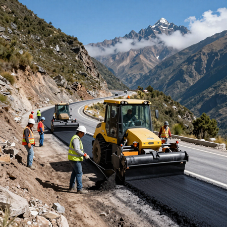 Obreros pavimentando una carretera de montaña con un rodillo amarillo y una extendedora de asfalto junto a picos nevados.