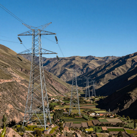 Valle de montaña con altas líneas eléctricas sobre campos verdes y escarpadas colinas marrones bajo un cielo azul claro.