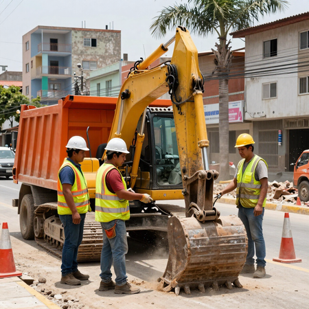 Obreros de la construcción manejan una excavadora junto a un camión volquete naranja en una obra vial.