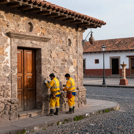 Dos bomberos con uniformes amarillos inspeccionan la puerta de un edificio de piedra en una calle empedrada.