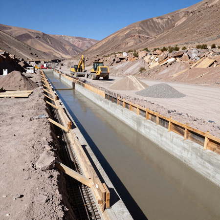 Canal en construcción en un valle desértico rocoso, con excavadoras y camiones junto al canal de agua de hormigón.