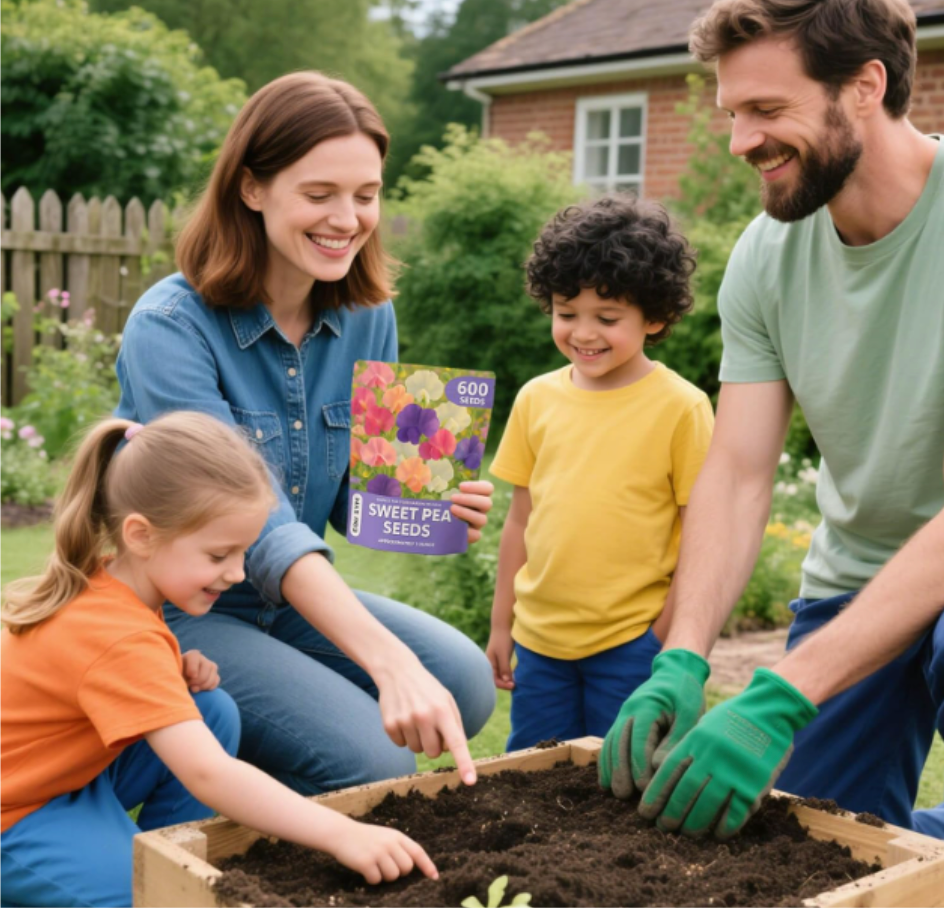 Photo from the Amazon product listing showing a family planting these seeds in the type of raised garden bed many people use for vegetables.