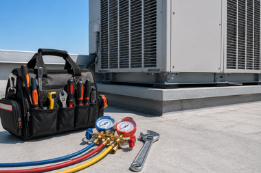 Tool bag, pressure gauges, hoses, and wrench on a rooftop beside an HVAC unit.