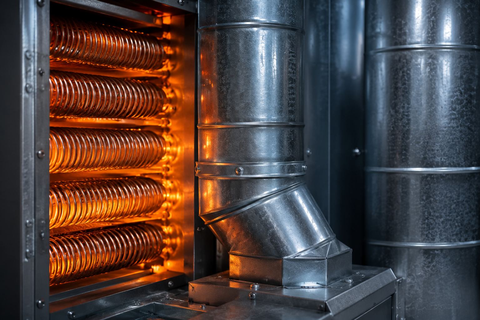 Industrial HVAC ductwork beside glowing orange heating coils inside a metal chamber