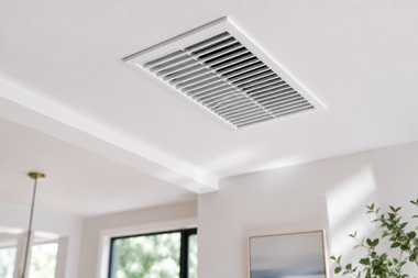 Ceiling air vent in a bright room with white walls and a window.