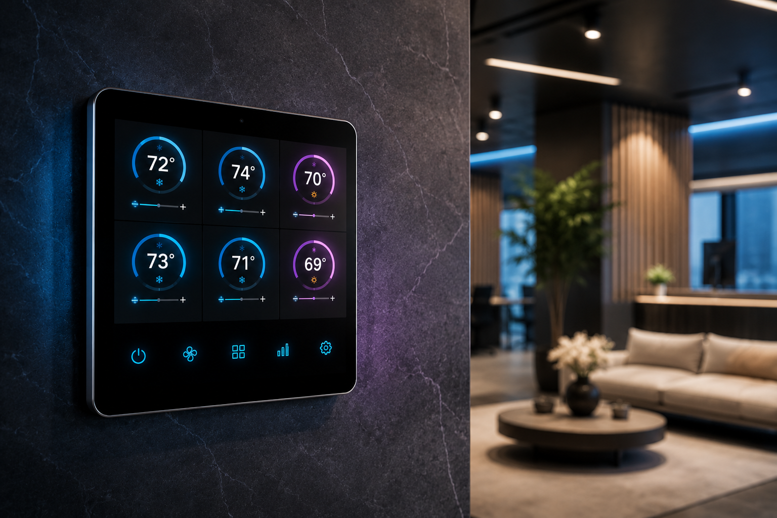 Smart thermostat touch panel on a dark wall, with a modern living room softly lit in the background