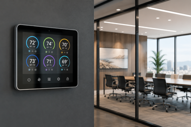 Wall-mounted smart thermostat with six digital dials beside a glass-walled conference room