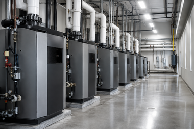 Industrial boiler room with rows of gray machines and white pipes along a polished concrete floor