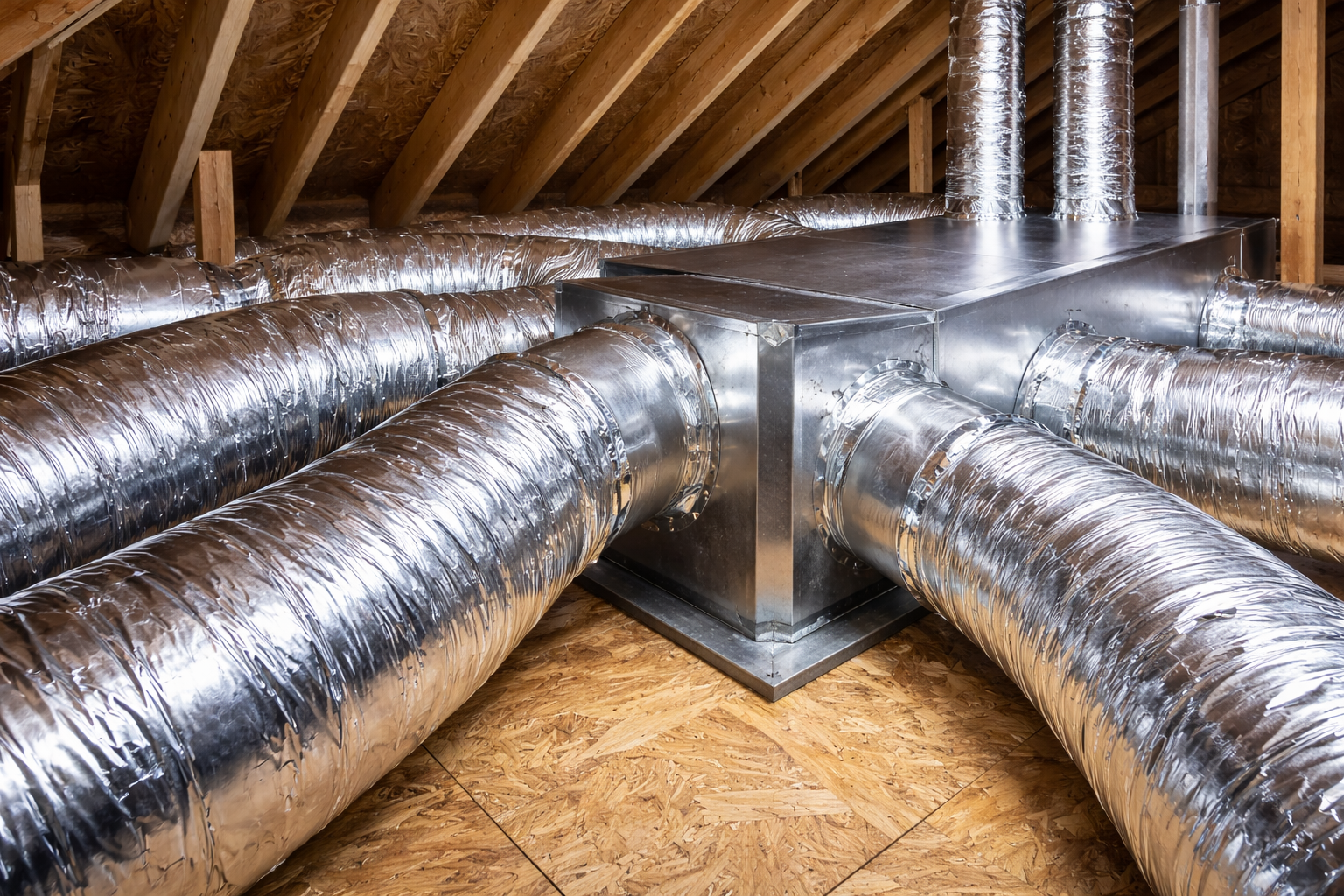 Silver HVAC ducts in an attic with exposed wooden rafters and insulation flooring