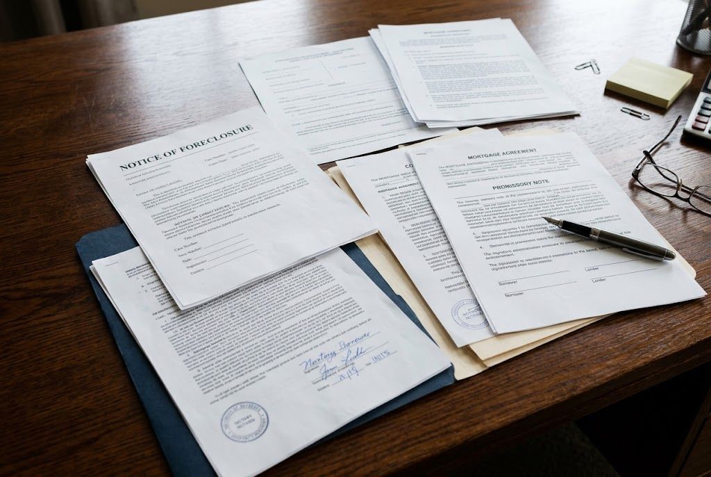 Foreclosure notices and mortgage paperwork on a desk highlighting common claim filing mistakes.