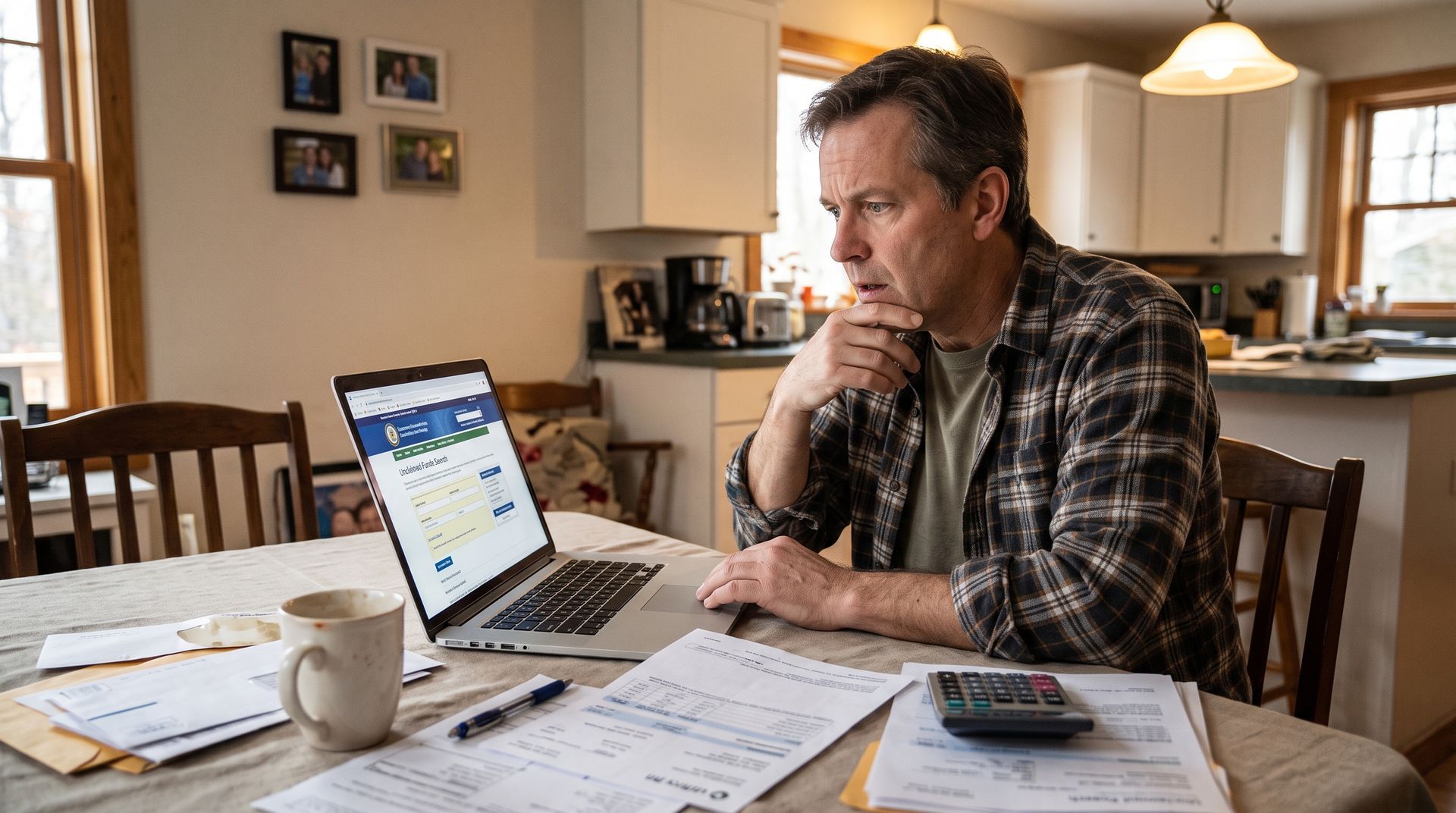 Homeowner reviewing foreclosure records and financial documents online to check for possible unclaimed foreclosure funds.