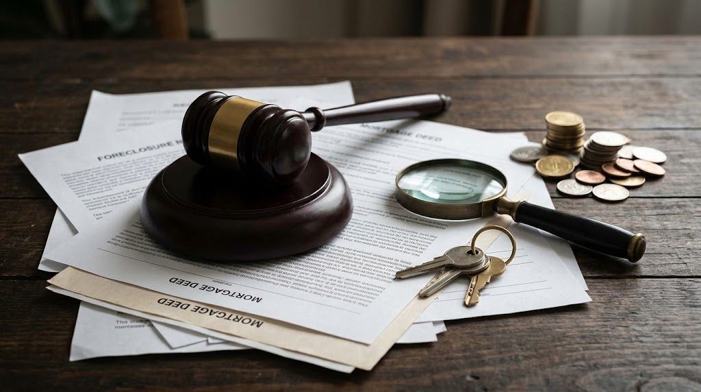 Gavel, property documents, keys, and magnifying glass representing a foreclosure funds search.