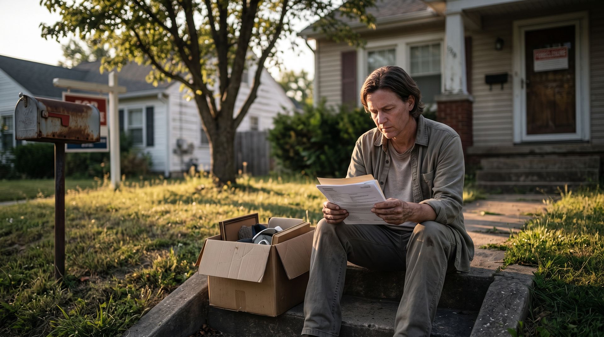 Homeowner reviewing foreclosure documents outside his former home with moving boxes nearby.
