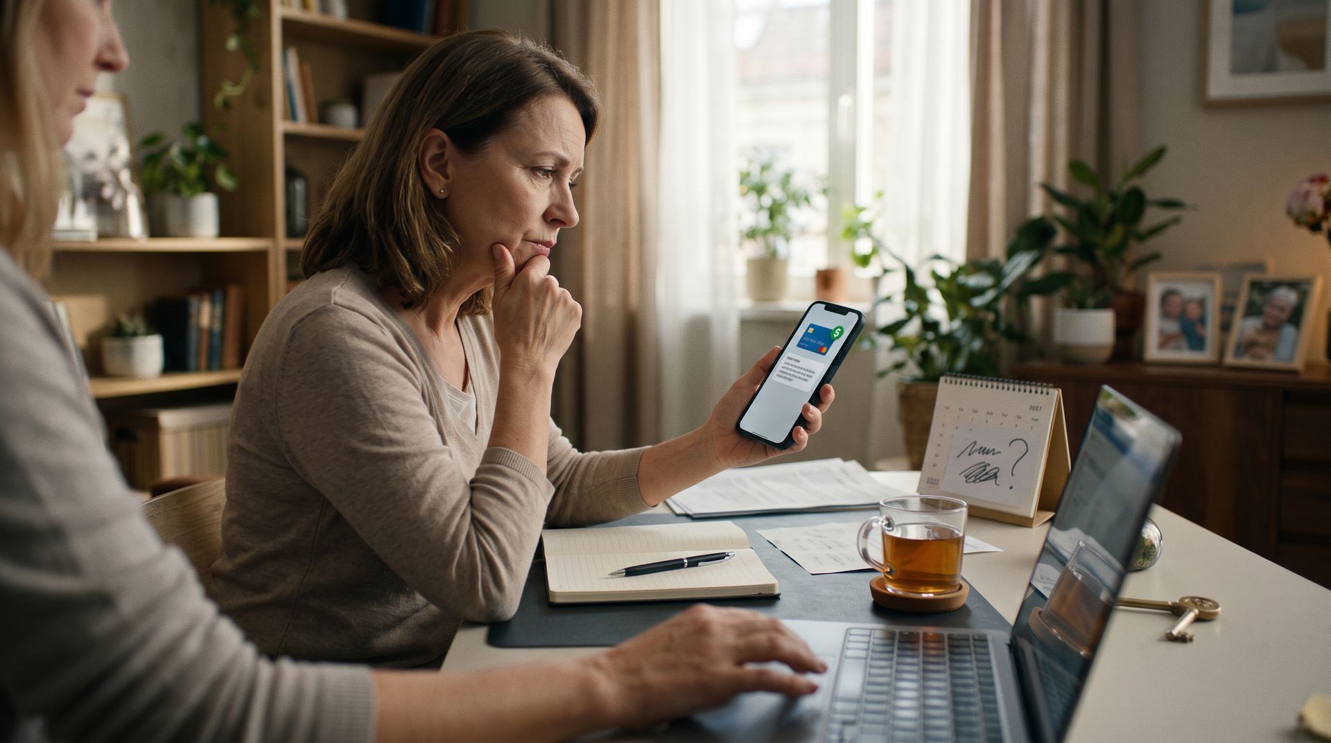 Woman reviewing a suspicious money-related message on her phone while checking documents with another person at home.