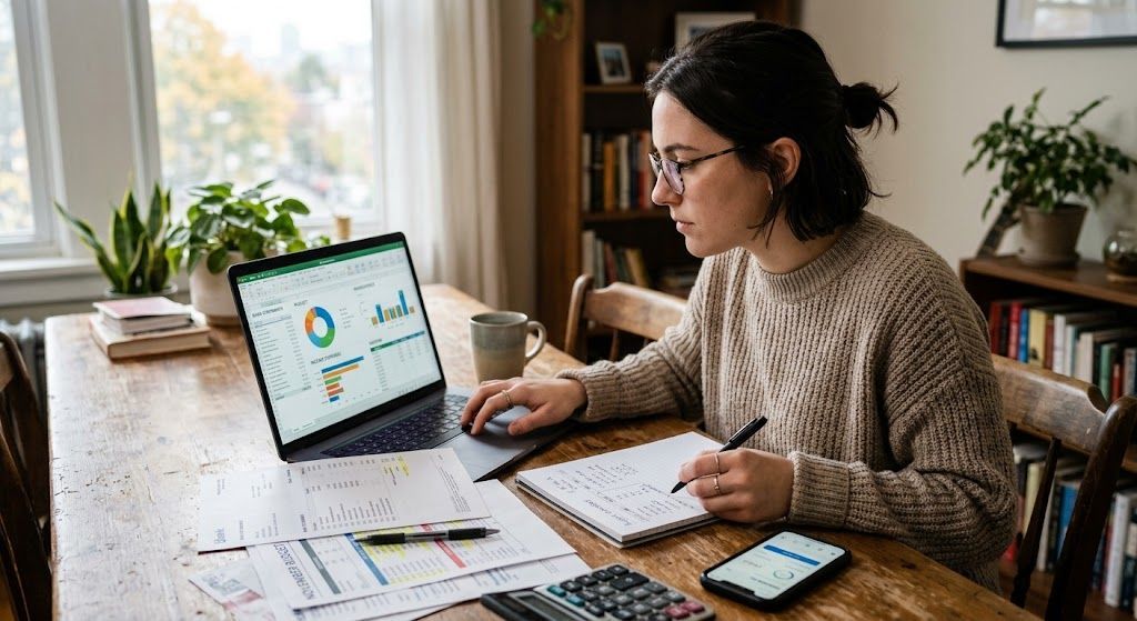 Person reviewing financial documents and planning expenses at home with laptop and calculator