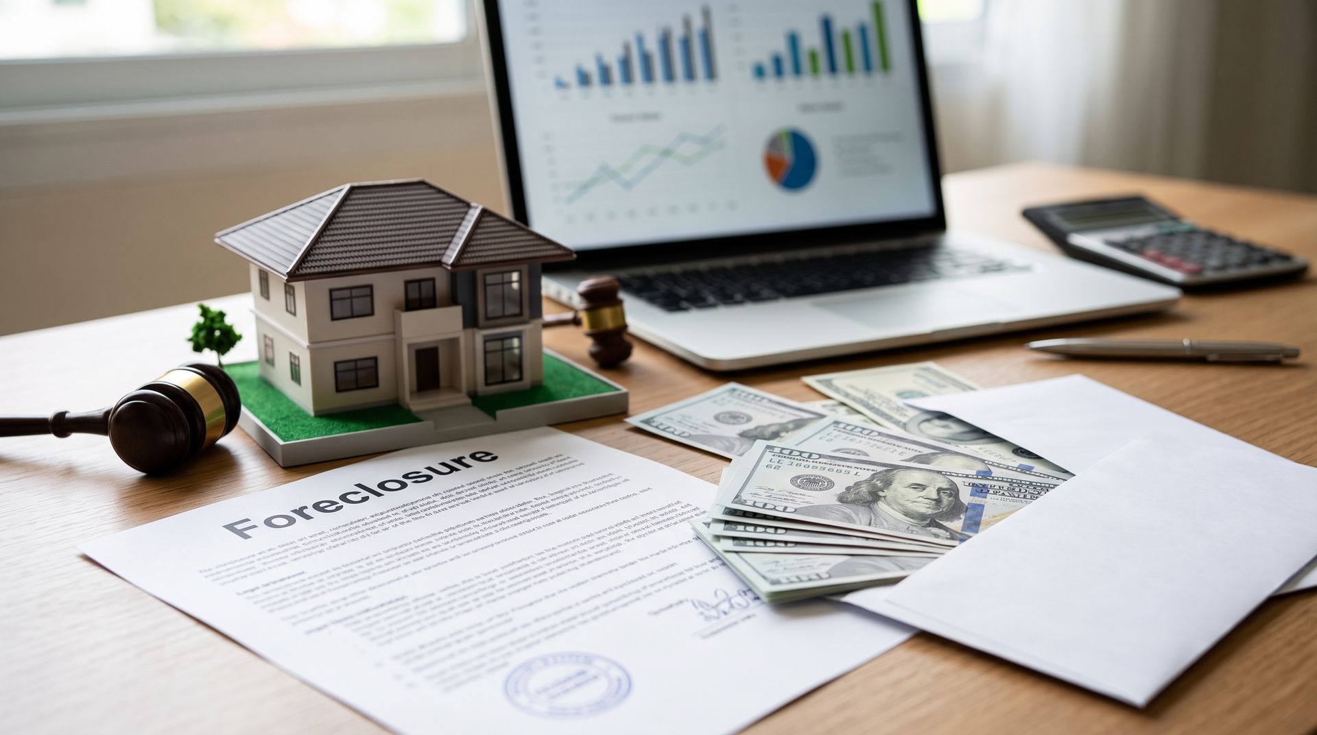 Foreclosure documents, cash, a model house, and a legal gavel representing surplus funds remaining after a foreclosure sale.