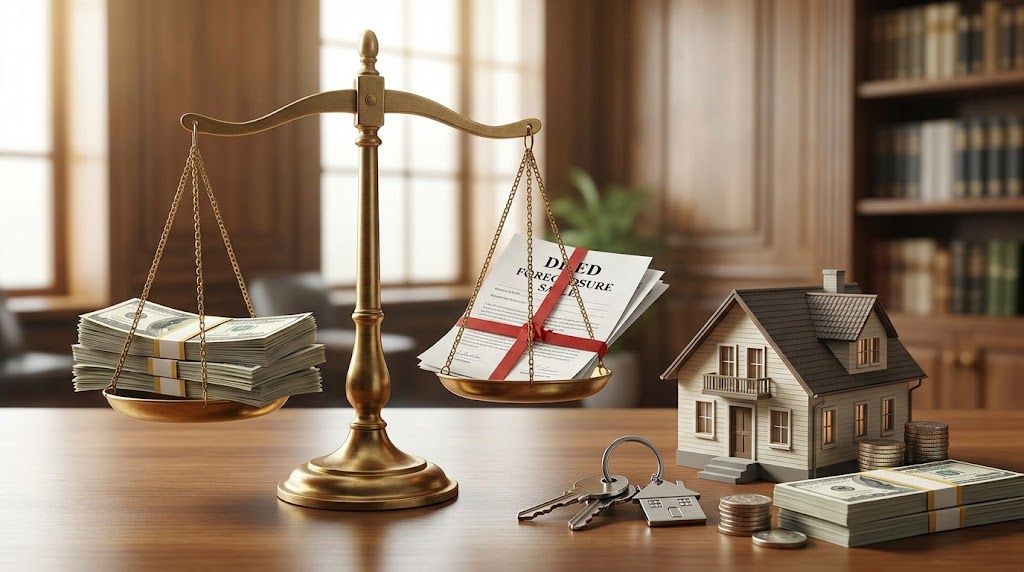 Balance scale with cash, foreclosure documents, and a model house representing surplus fund claims.