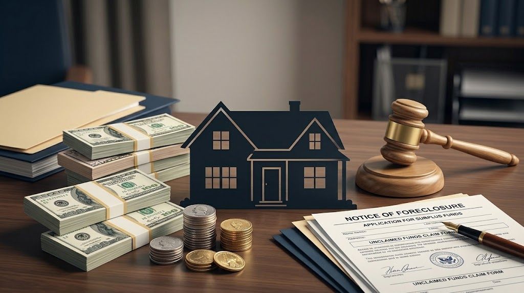 House model, cash stacks, and foreclosure documents illustrating unclaimed foreclosure funds.