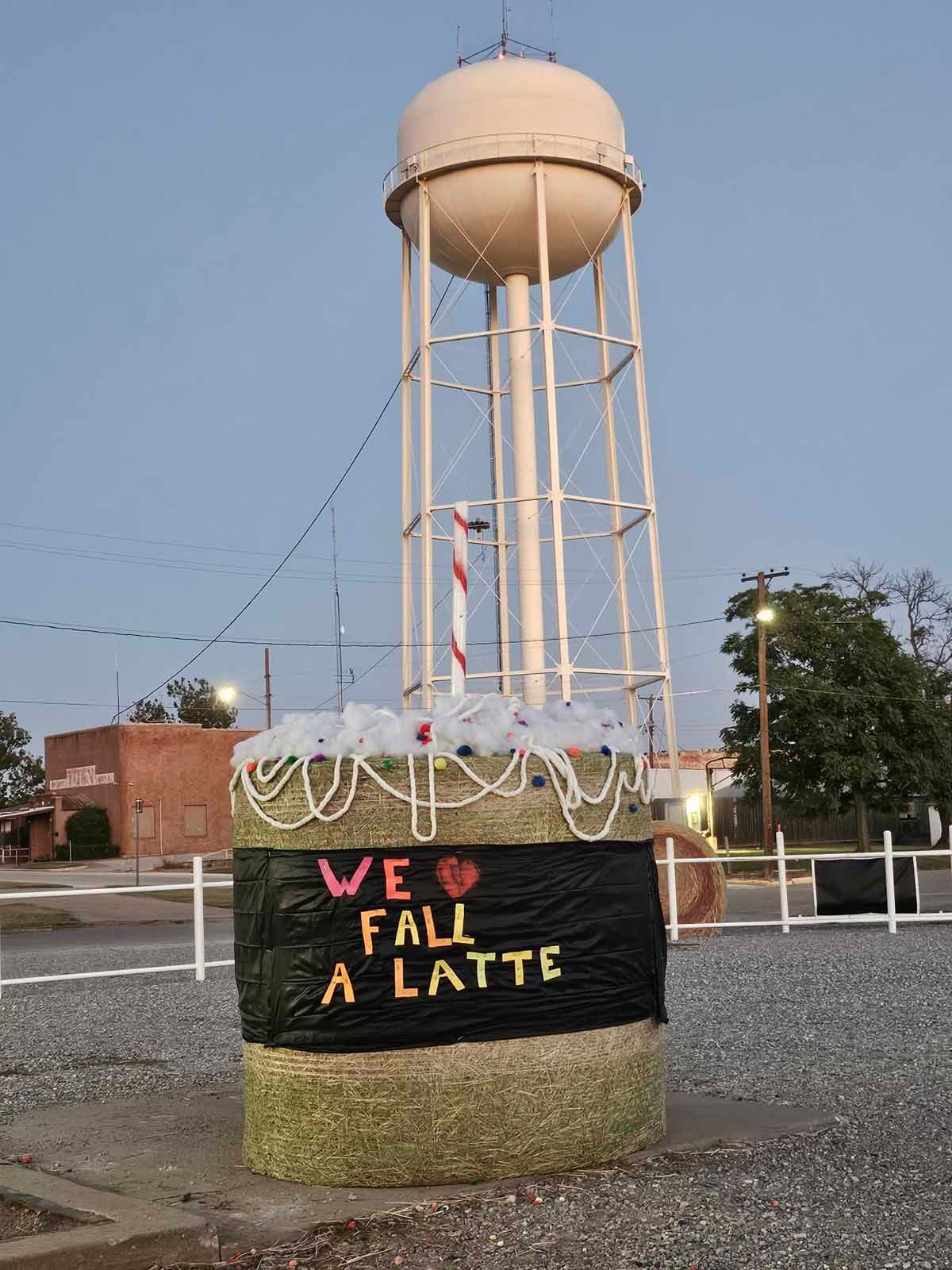Water tower decorated as a latte, with 