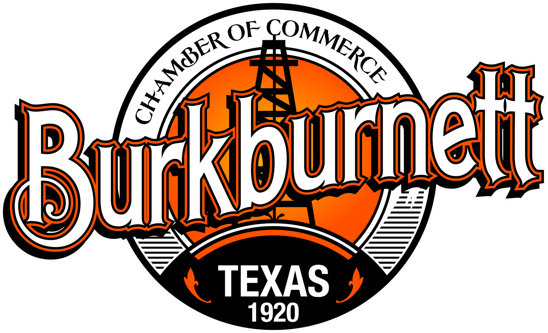 Logo for Burkburnett, Texas Chamber of Commerce: Oil rig in orange circle, surrounded by text and "TEXAS 1920".