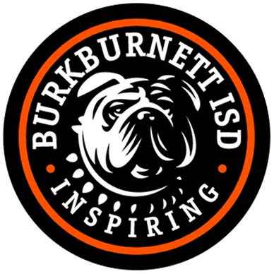 Burkburnett ISD logo: bulldog head in white on black and orange circle. Text: Burkburnett ISD, Inspiring.