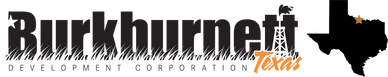 Burkburnett Development Corporation logo with text, oil rig, and Texas map.