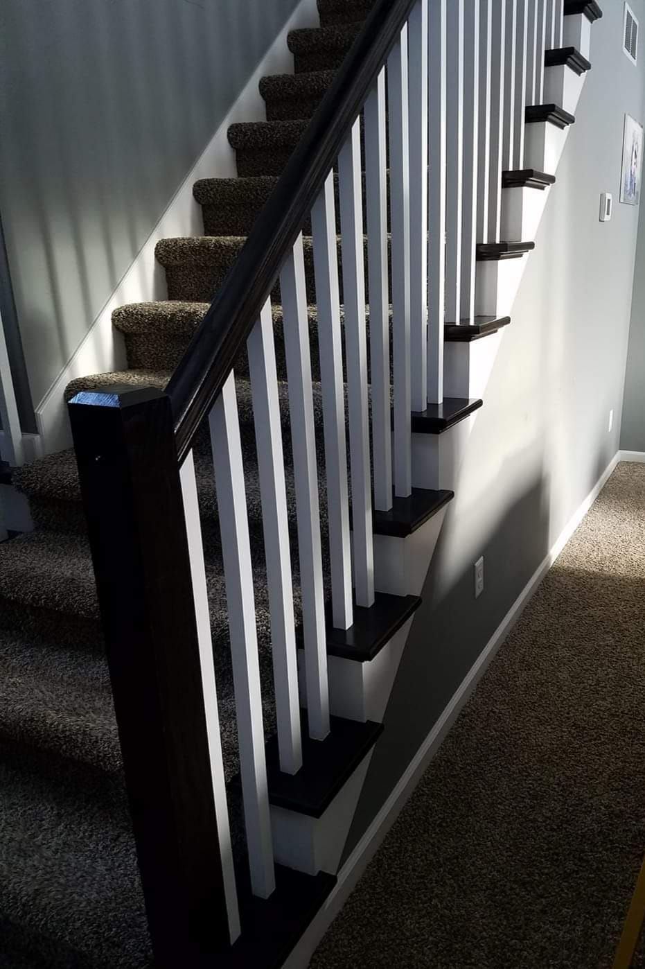 A carpeted staircase features a dark wood handrail and matching stair treads, contrasted by vertical white balusters.