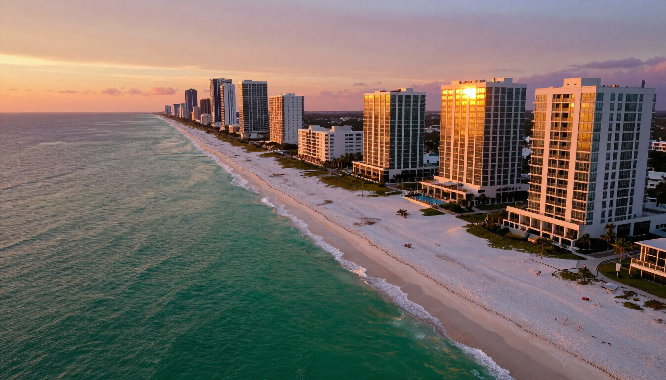Luxury beachfront condo balcony view in Panama City Beach overlooking the Gulf.