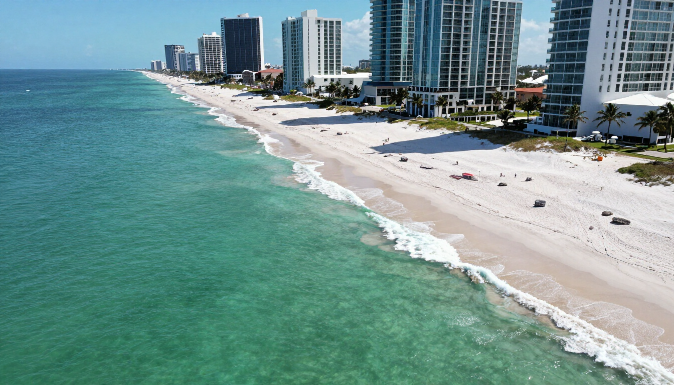 Aerial view of Panama City Beach coastline and beachfront condominiums