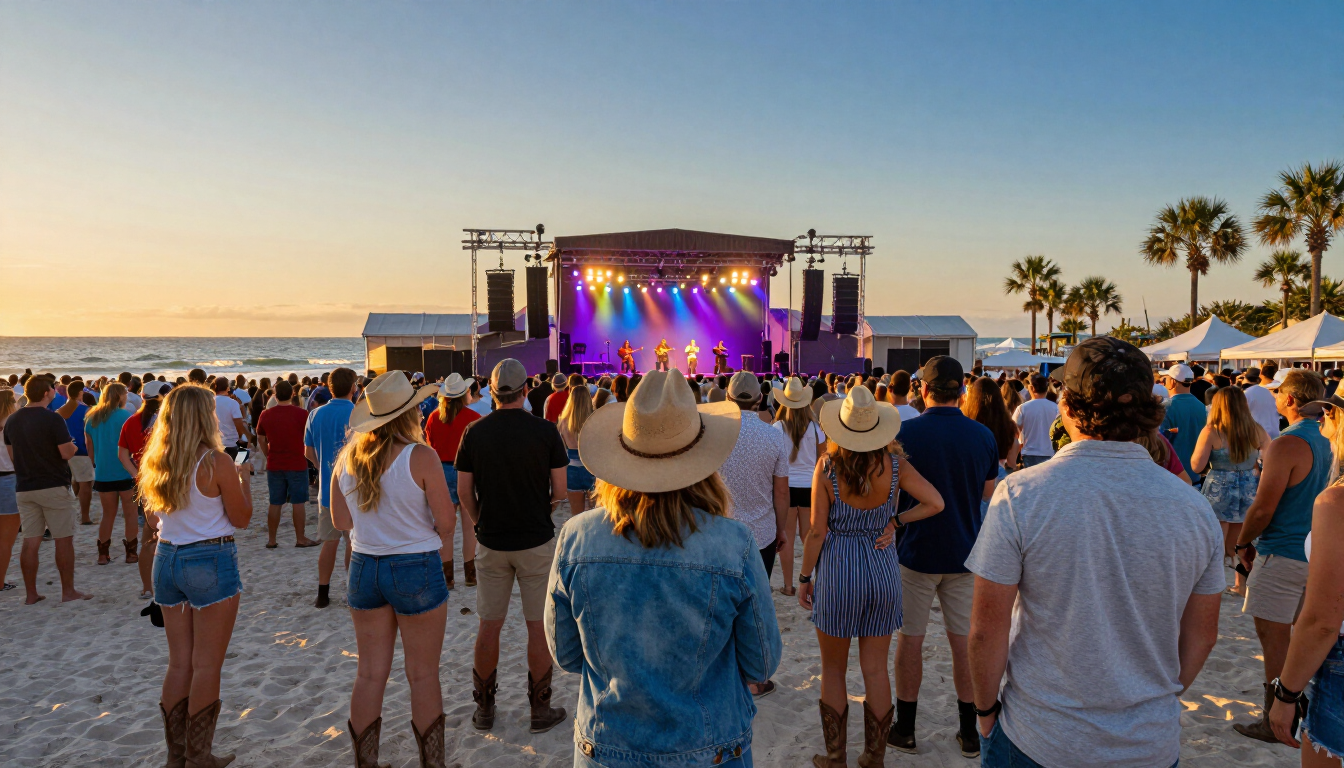 Photorealistic country music festival crowd near the beach in Panama City Beach