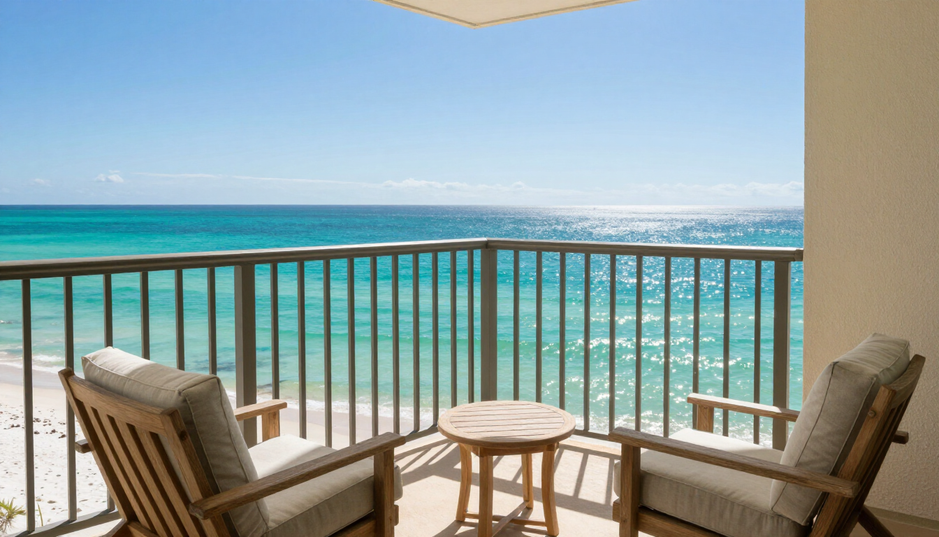 Photorealistic Panama City Beach condominium balcony overlooking turquoise Gulf water