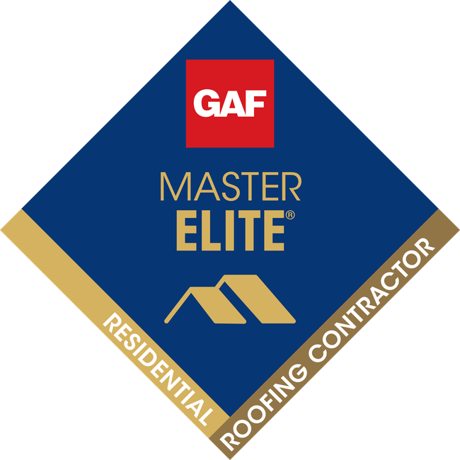 GAF Master Elite Residential Roofing Contractor logo: a diamond-shaped emblem featuring blue, red, and gold text and icons.