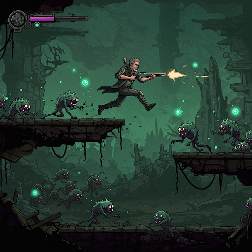 A pixelated character jumps and shoots, fighting monsters in a dark, swampy environment with platforms.