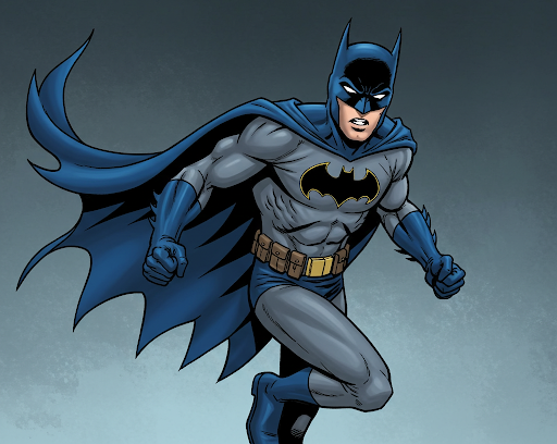 Batman in gray and blue costume, cape billowing, running with determined expression.
