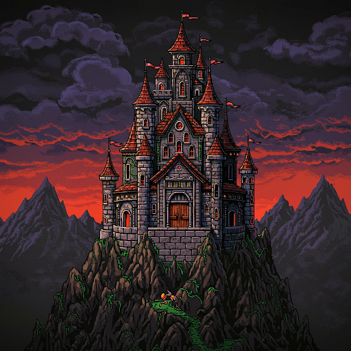 Pixelated castle atop a mountain peak, under a fiery red sky and dark clouds.
