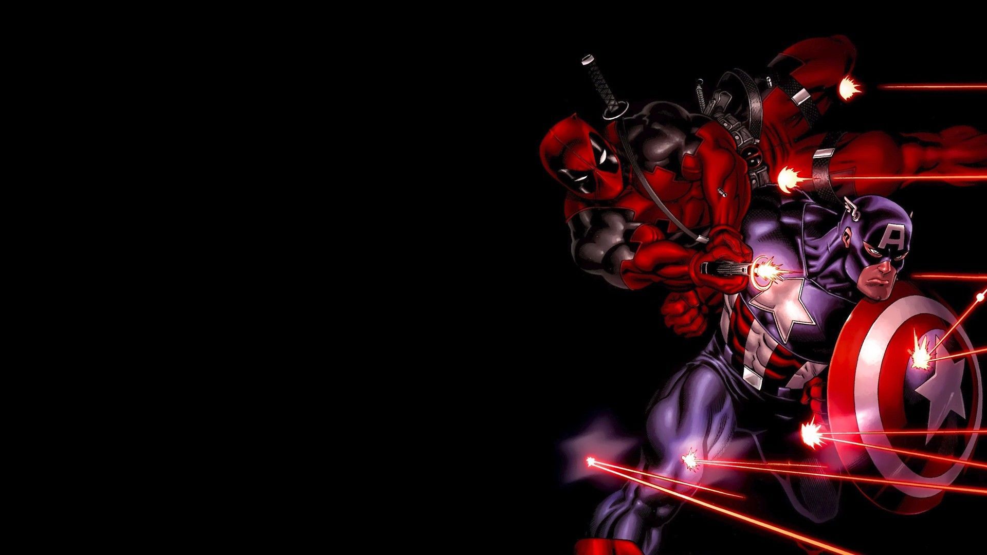 Deadpool and Captain America in action, red and blue hues, black background. Lasers and explosions.