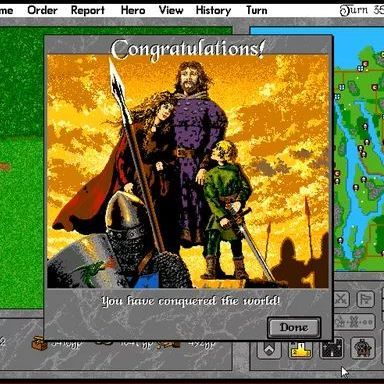 Screenshot of a medieval strategy game victory screen. It shows a triumphant king, a woman, and a child, with the text 
