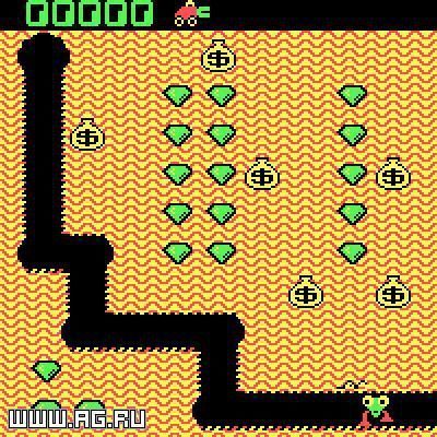 A pixelated video game scene featuring a mine, a car, diamonds, and money bags. A green creature is at the bottom.