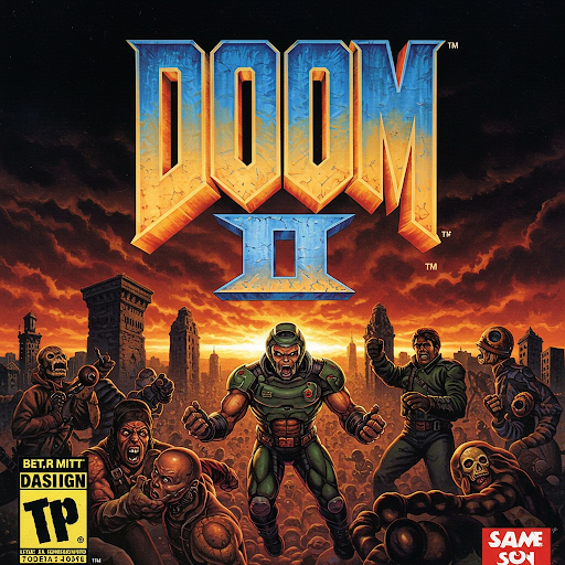 Doom II game cover art: Doomguy with gun, surrounded by demons in a hellish city setting.