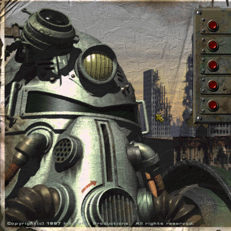 Fallout game menu, featuring a T-51b power armor and ruined cityscape background. Menu buttons on the right.