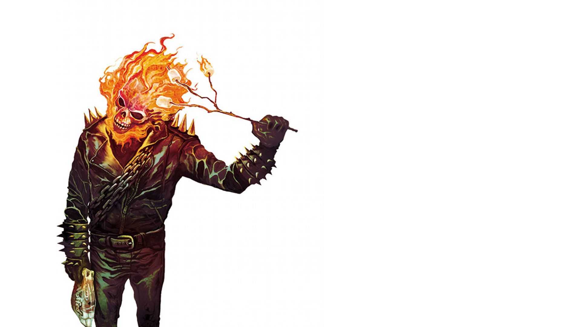 Ghost Rider with flaming skull, igniting a wooden stick, on a white background.