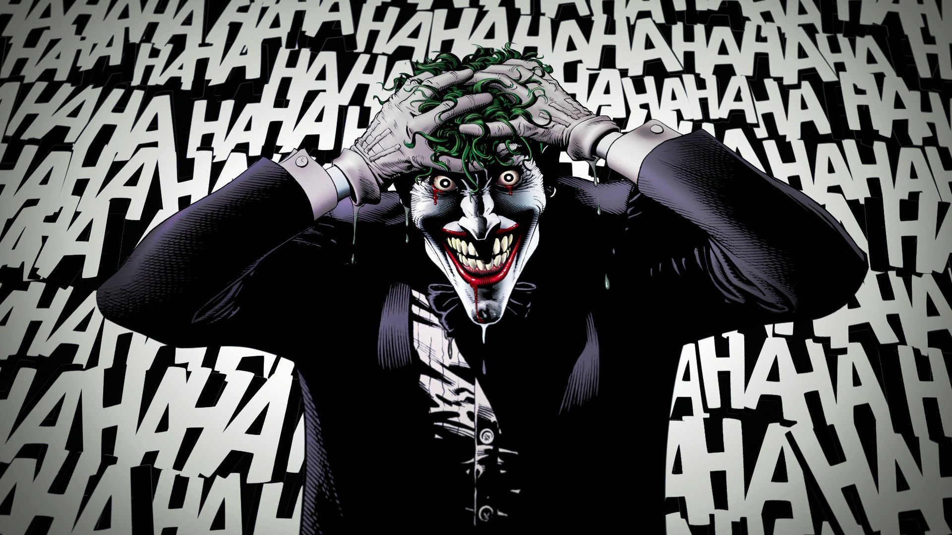 The Joker, grinning maniacally, clutching his head, against a 