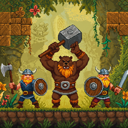 A bear warrior raises a hammer with two dwarf warriors flanking with weapons in a forest setting.