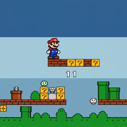Mario standing on a brick platform with question mark blocks in a Super Mario Bros. level.