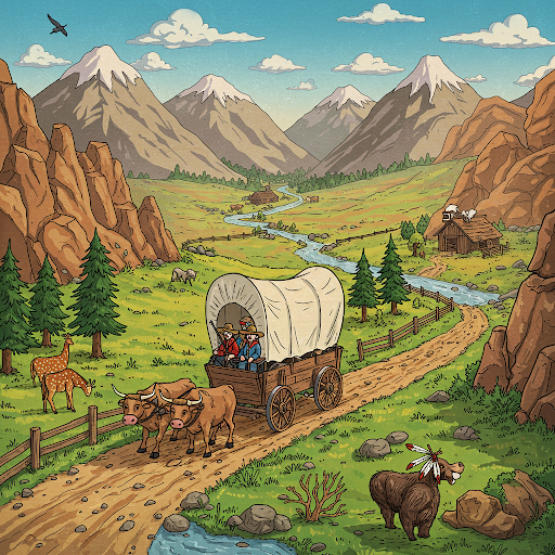 Wagon drawn by oxen travels down a dirt road, mountain landscape with river, trees, and wildlife.