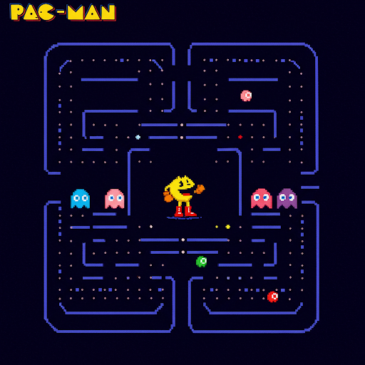 Pac-Man in a maze, pursued by colorful ghosts. The goal is to eat pellets and avoid capture.