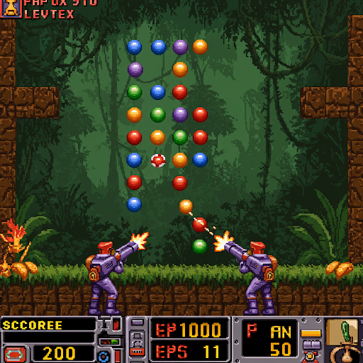 Two figures shooting colored bubbles in a jungle setting; gameplay screen from a puzzle video game.