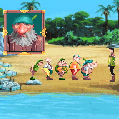 Beach scene: Five gnomes and a man face portrait of a bearded man. Blue water, sand, palm trees.