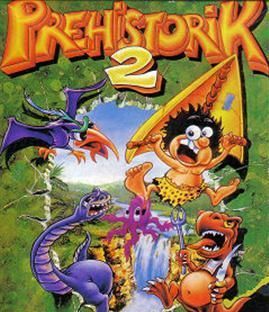 Prehistorik 2 game cover with caveman holding a surfboard, surrounded by cartoon dinosaurs.